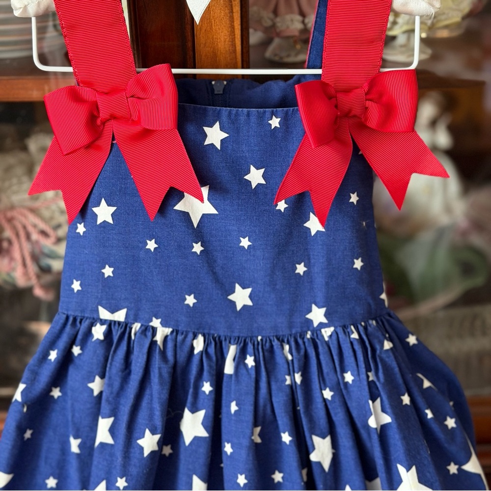 Jessica Ann Blue & White Star Print Sundress with Red Bow Straps - Picture 3 of 5